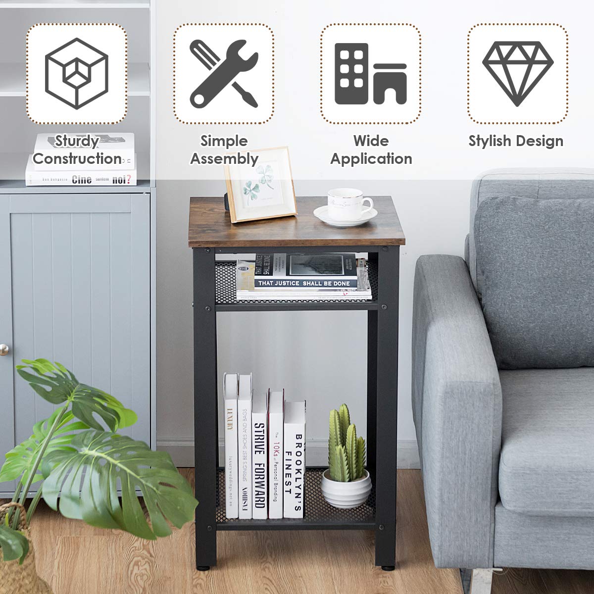 Safeplus Modern End Table - 2 Tier & 3 Tier Side Table with Metal Mesh Storage Shelves, Industrial Nightstand for Living Room & Bedroom - Perfect for Small Spaces, Apartment Decor & Coffee Table Alternative
