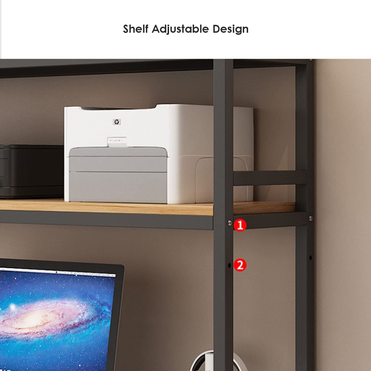 KORP 2-Tier Adjustable Bookshelf Desk Organizer - Wood & Metal Printer Stand, Desktop Bookcase for Computer Desk - Office Supplies Storage & Display Shelf (Black, 11