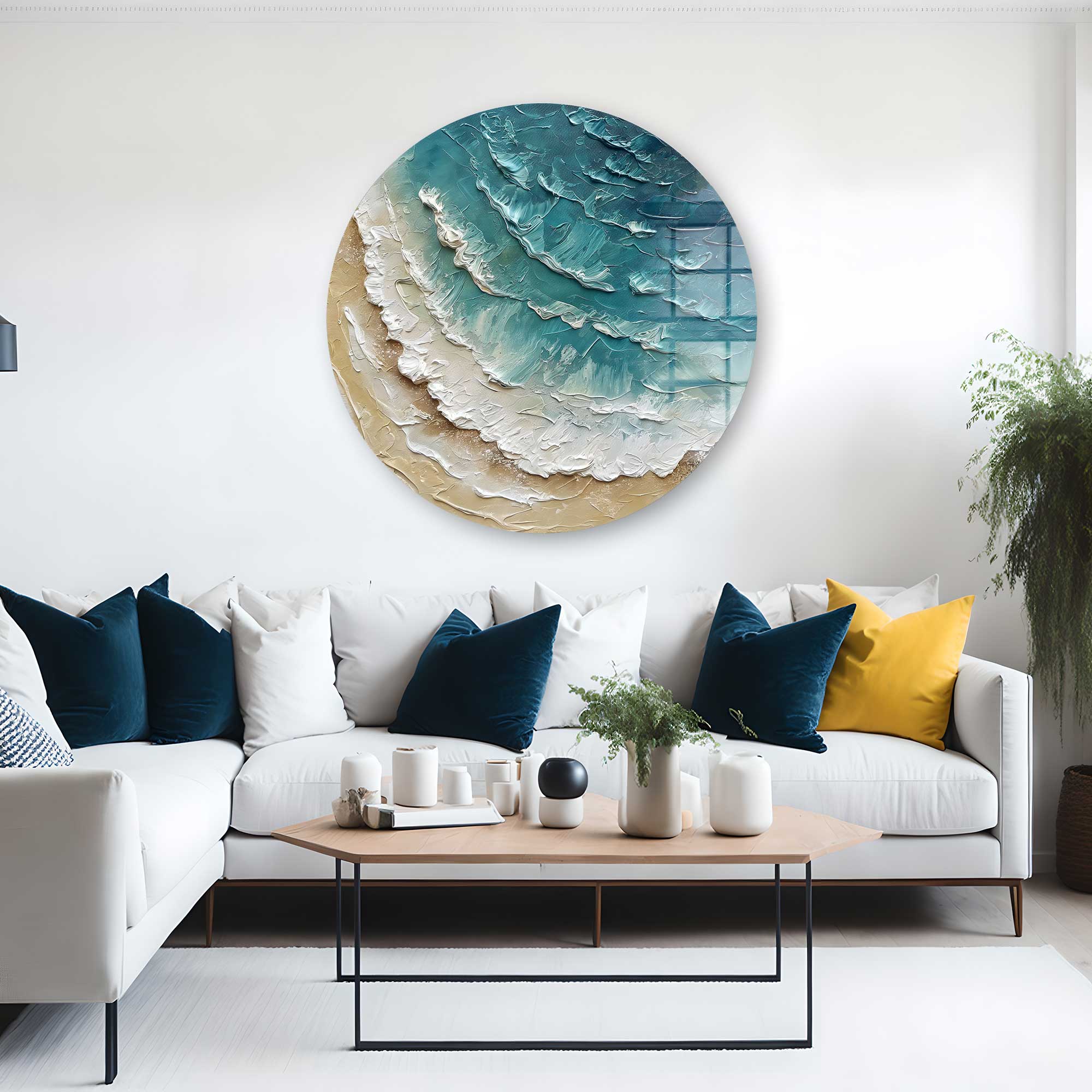 Modern Rounded Glass Wall Art with Ocean Wave Painting - Perfect for Living Room, Bedroom & Office Decor