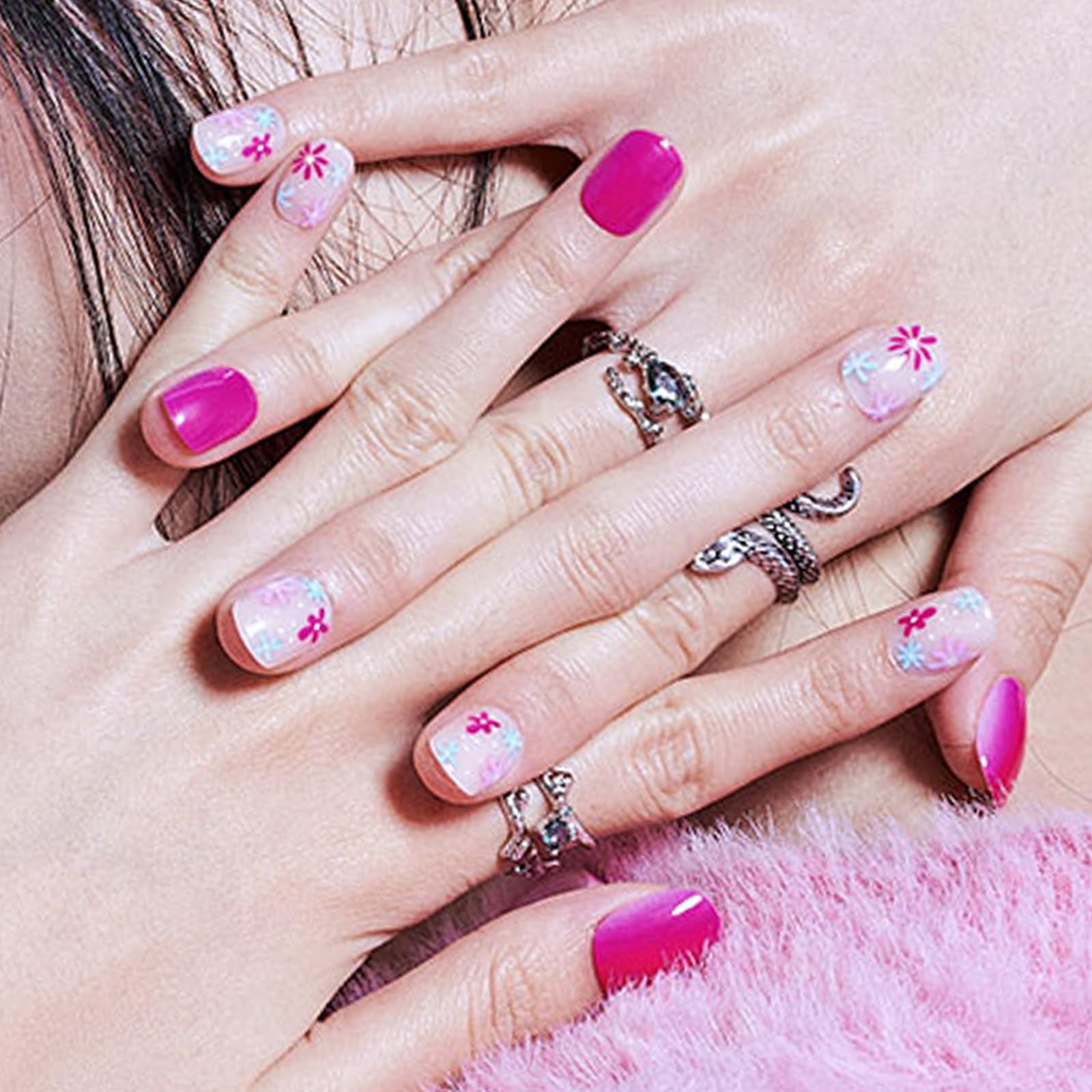 GLAMERMAID 24Pcs Press on Nails Extra Short Squoval - Spring Summer Hot Pink Flower Gel Fake Nails with Glossy UV Finish | Reusable Acrylic False Nails Manicure Kit for Women | Perfect for Parties, Weddings & Everyday Wear