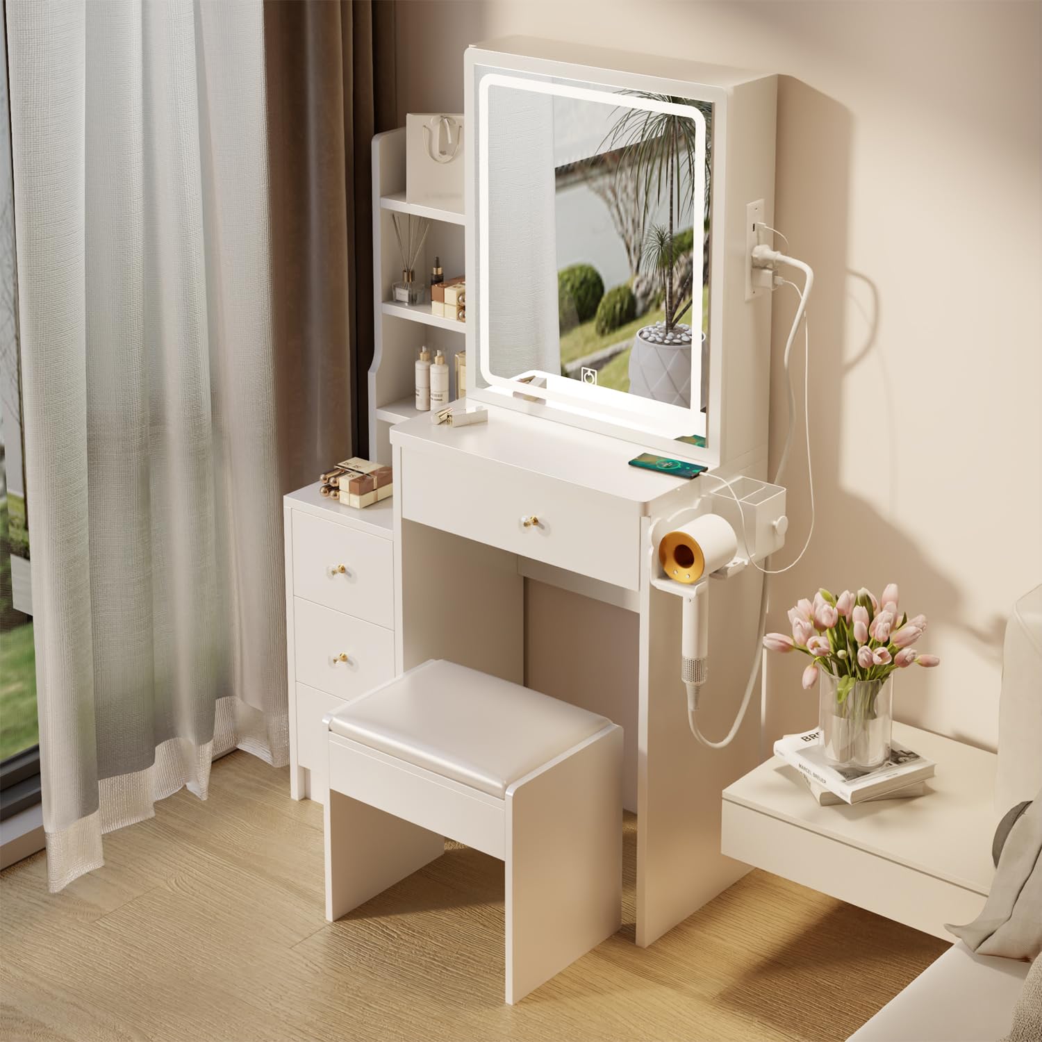 HOUAGI White Makeup Vanity Desk with Mirror & Lights for Small Bedroom - Perfect Dressing Table Set