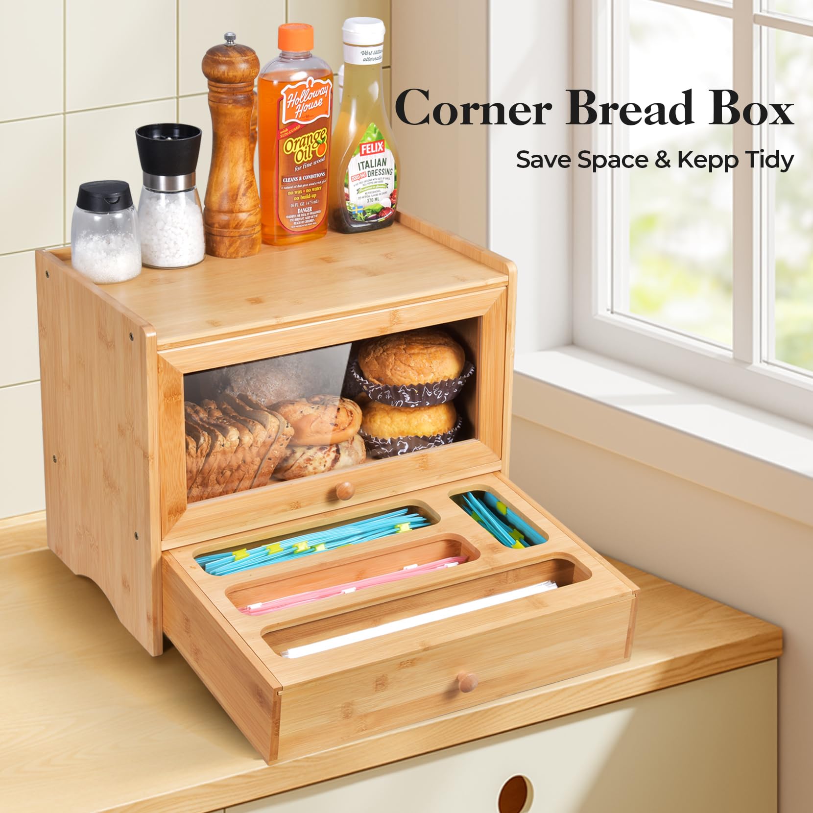Bamboo Bread Storage Box with Window & Zip Baggie Organizer - Kitchen Countertop Corner Bread Keeper for Homemade Bread, Drawer & Pantry Organization - Perfect for Fresh Bread Storage & Kitchen Counter Space Saving