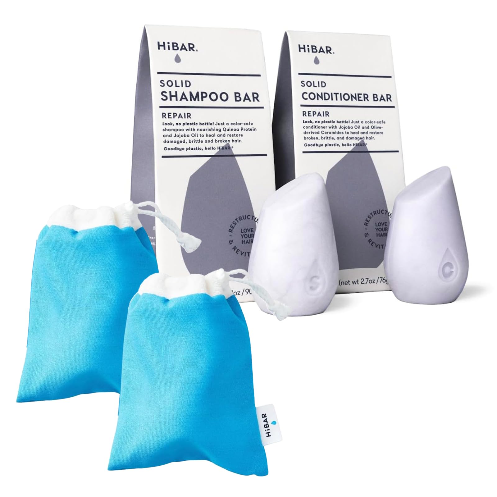 HiBAR Repair Shampoo & Conditioner Bar Set with Travel Pouch - Quinoa Protein & Jojoba Oil for Damaged, Brittle Hair - Plastic-Free, Sulfate-Free, Vegan Hair Care - Perfect for Travel, Gym & Eco-Friendly Home Use