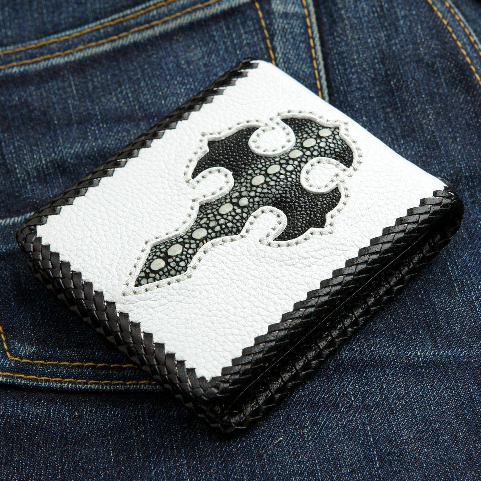 Premium Two-Tone Stingray Leather Men's Bifold Wallet - Slim RFID Blocking Biker Wallet for Motorcycle Riders & Everyday Carry (Perfect Gift for Dad, Husband, Boyfriend)