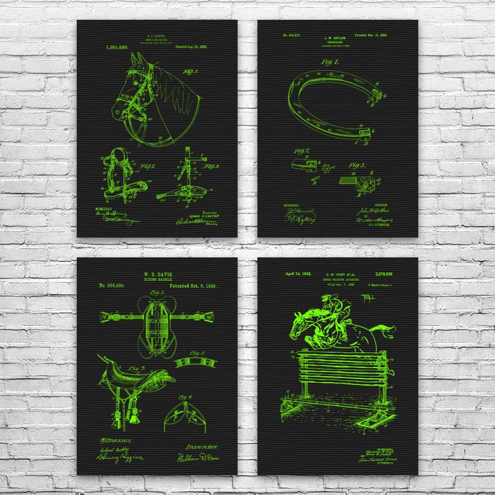 Premium Horse Riding Patent Posters Set of 4 - 24x36 Inch Equestrian Wall Art Decor for Farmhouse, Ranch & Western Style - Perfect Gift for Horse Lovers, Ranchers & Farmers - Ideal for Living Room, Barn, Stable or Office Decor