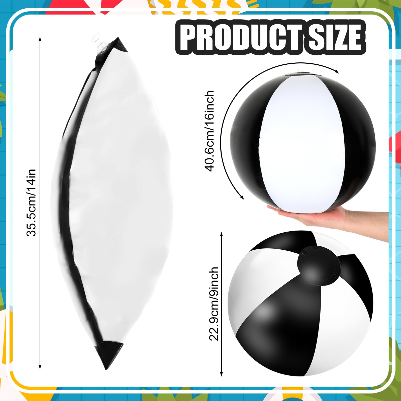 Whaline 16Pcs 16'' Black & White Inflatable Beach Balls - Round PVC Pool Toys for Summer, Hawaiian Tropical Theme Party Decorations - Perfect for Beach, Pool, Water Games & Sand Play
