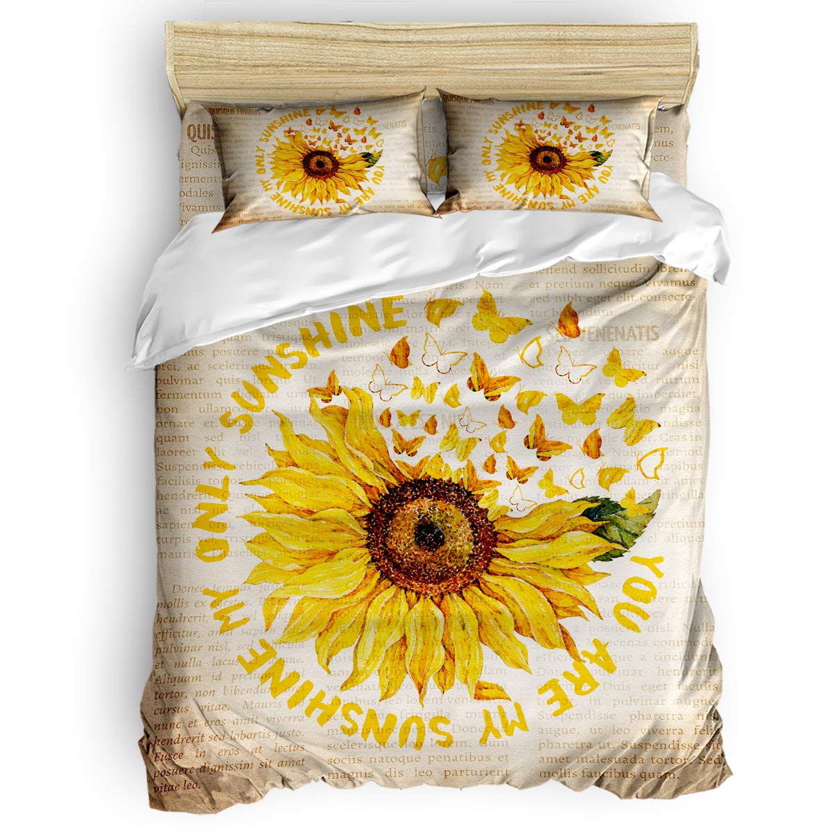 4-Piece California King Bedding Set - Vintage Sunflower Oil Painting with Butterfly Design, Soft Comforter Cover, Fitted Sheet & 2 Pillowcases for Kids/Boys/Girls Bedroom Decor - Perfect for Cozy Sleepovers & Boho-Chic Room Makeovers