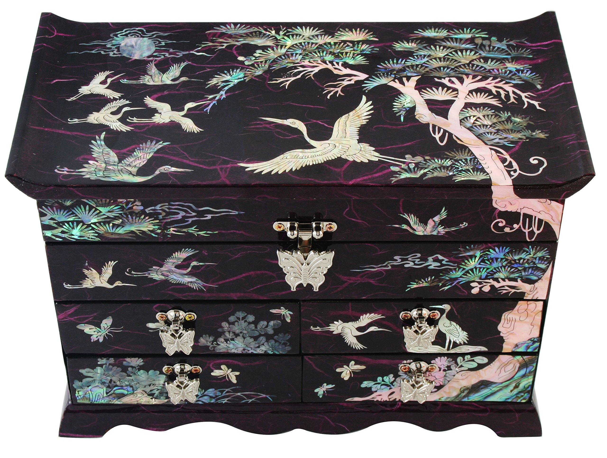 Handcrafted Asian Lacquer Jewelry Box - Mother of Pearl Crane & Pine Tree Design, Purple Mulberry Paper Wooden Organizer | Perfect for Jewelry Storage, Gift Giving & Home Decor