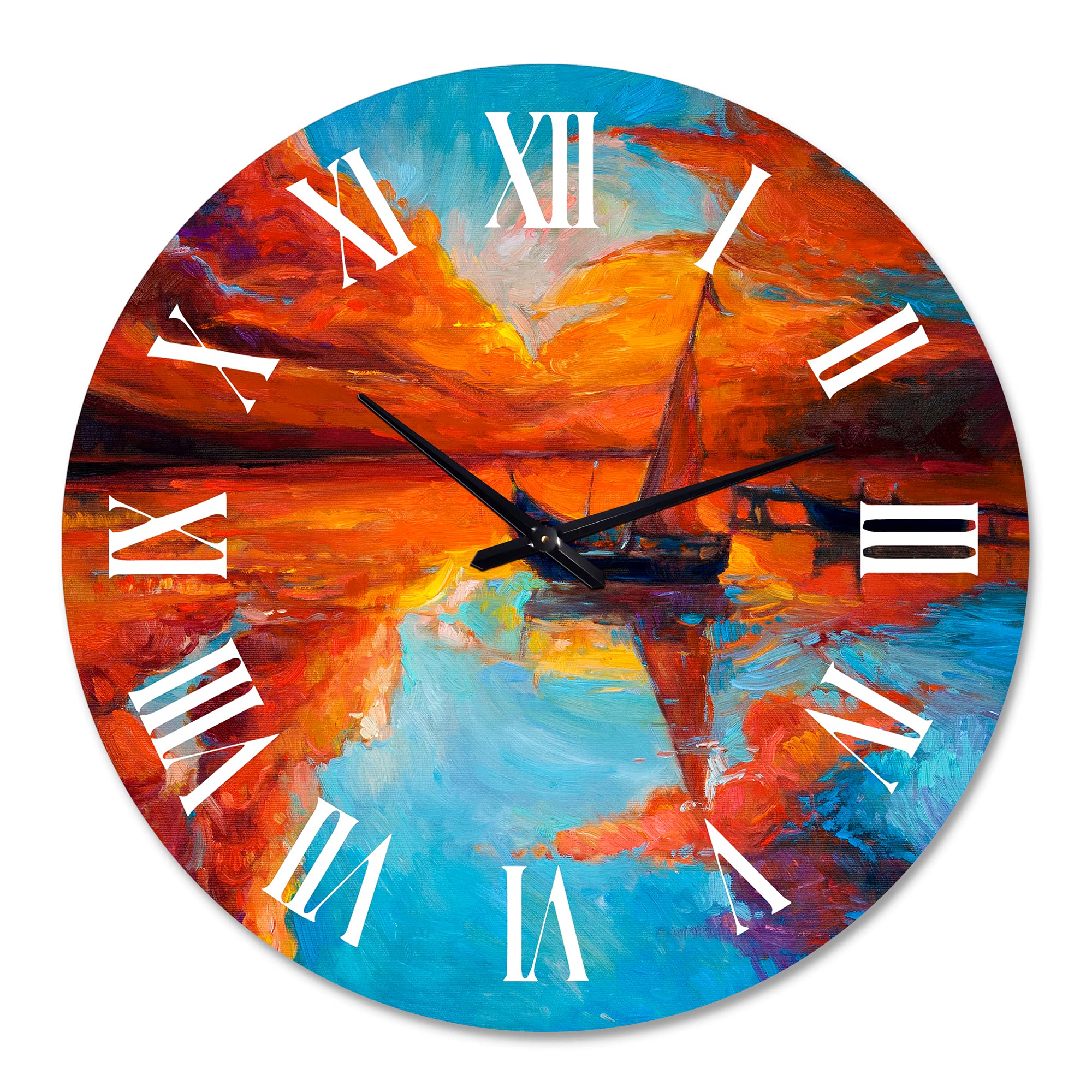 Nautical Coastal Wall Clock - Little Boat at Sunset, Round Red Wall Clock for Home & Office Decor | Perfect for Beach House, Living Room, or Coastal-Themed Spaces