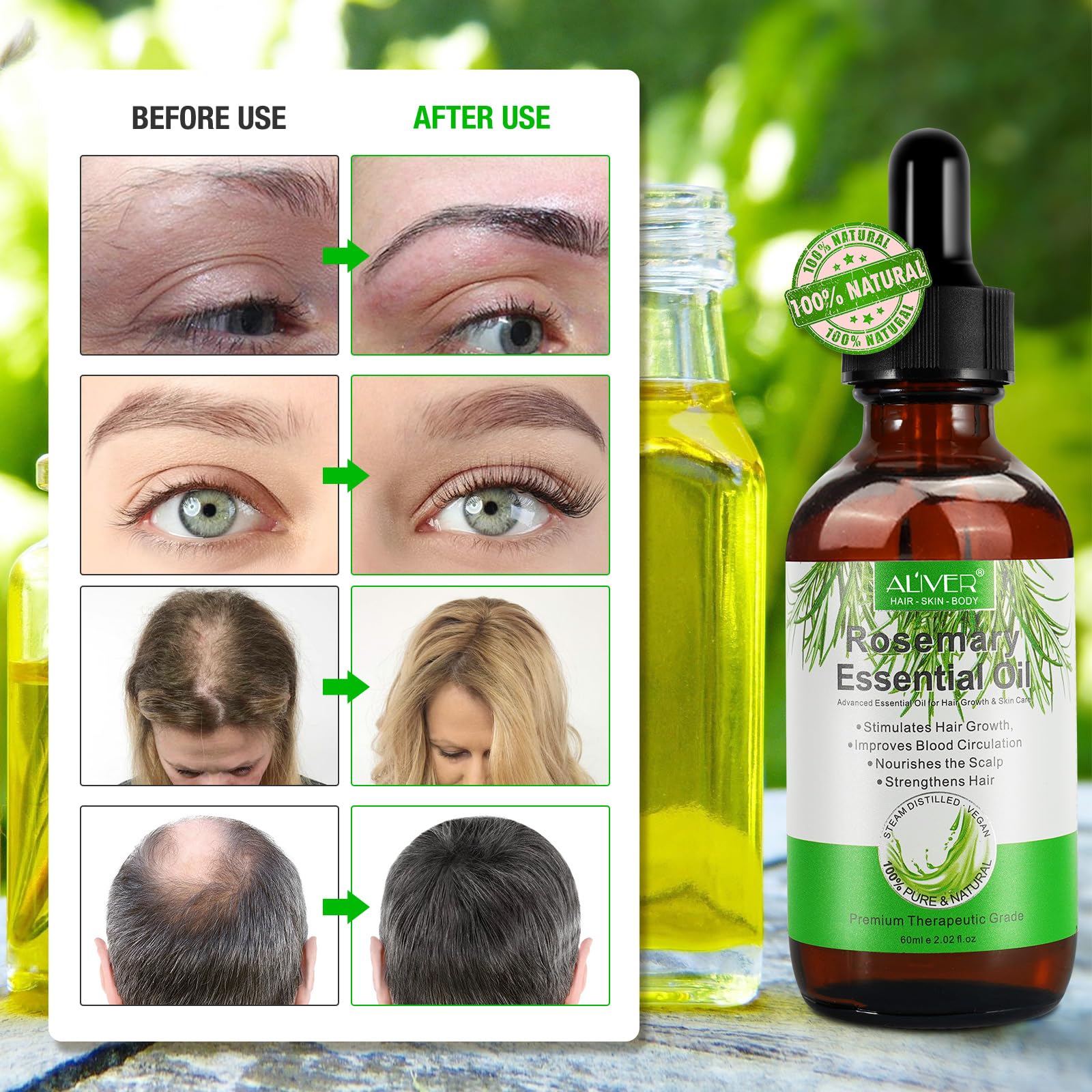 Organic Rosemary Oil for Hair Growth & Scalp Care - Stimulates Hair Growth, Reduces Hair Loss, Nourishes Scalp - Includes Massage Comb - 60ml - Perfect for Thinning Hair, Dry Scalp & Daily Hair Care Routine