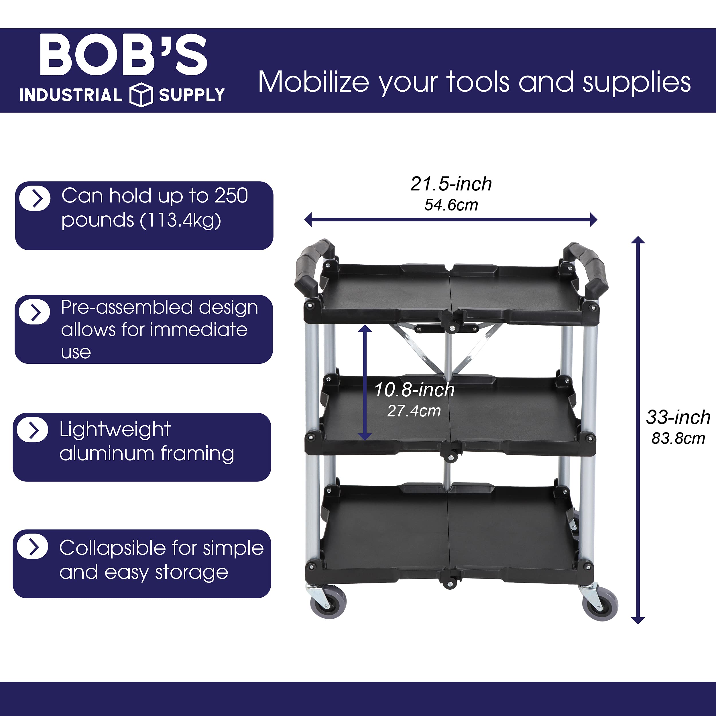 BISupply 3-Tier Rolling Cart - Foldable Utility Cart with Wheels for Kitchen, Restaurant, Office, and Home Organization | Perfect for Food Service, Storage, and Mobile Workspaces