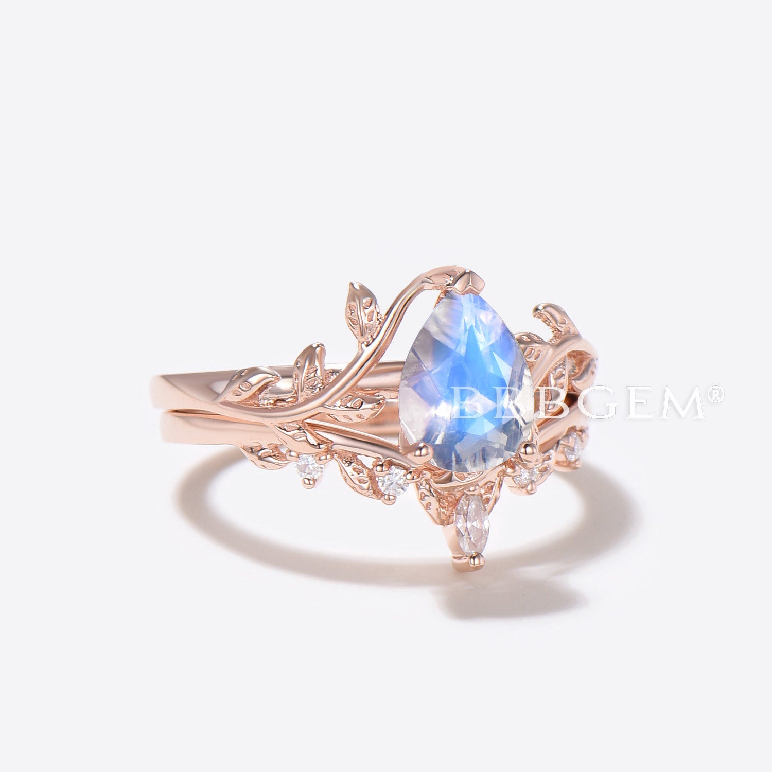 Pear Natural Moonstone Bridal Set Leaf Vine Diamond Engagement Ring - Elegant Wedding Jewelry for Brides, Proposals & Anniversary Gifts