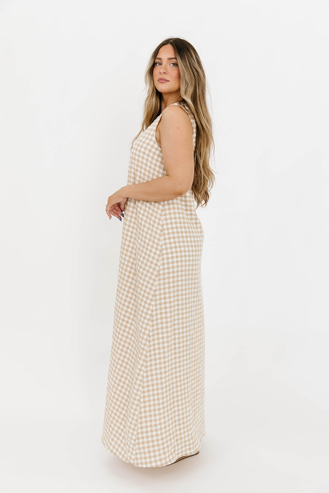 Ruthie Gingham Maxi Dress in Honey - Flowy Summer Dress for Women, Boho Chic Long Dress with Pockets, Perfect for Beach, Vacation & Outdoor Events