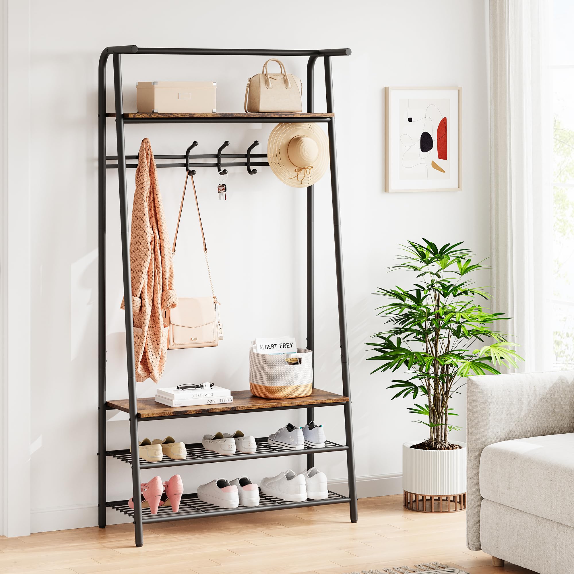 GARVEE 4-in-1 Entryway Organizer - Wood Look Coat Rack with Shoe Bench, Storage Shelf & Hanging Bar - Industrial Style Steel Frame in Rustic Brown & Black - Perfect for Mudroom, Foyer & Home Entryway Organization