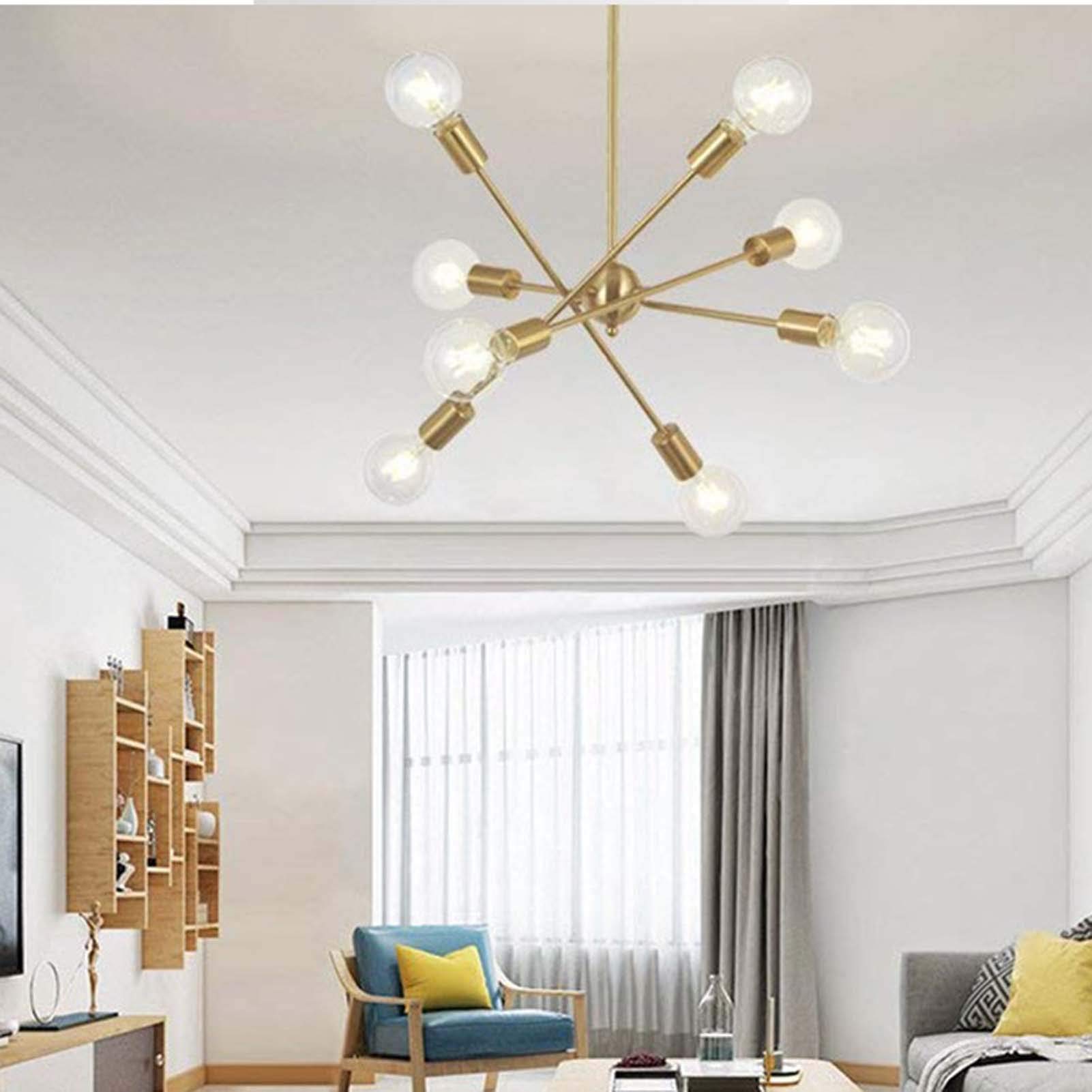 Vintage 6-Light Gold Industrial Sputnik Chandelier - Modern Metal Chrome Finish Ceiling Lamp for Dining Room, Kitchen Island, Bar & Living Room Lighting - Golden Finish