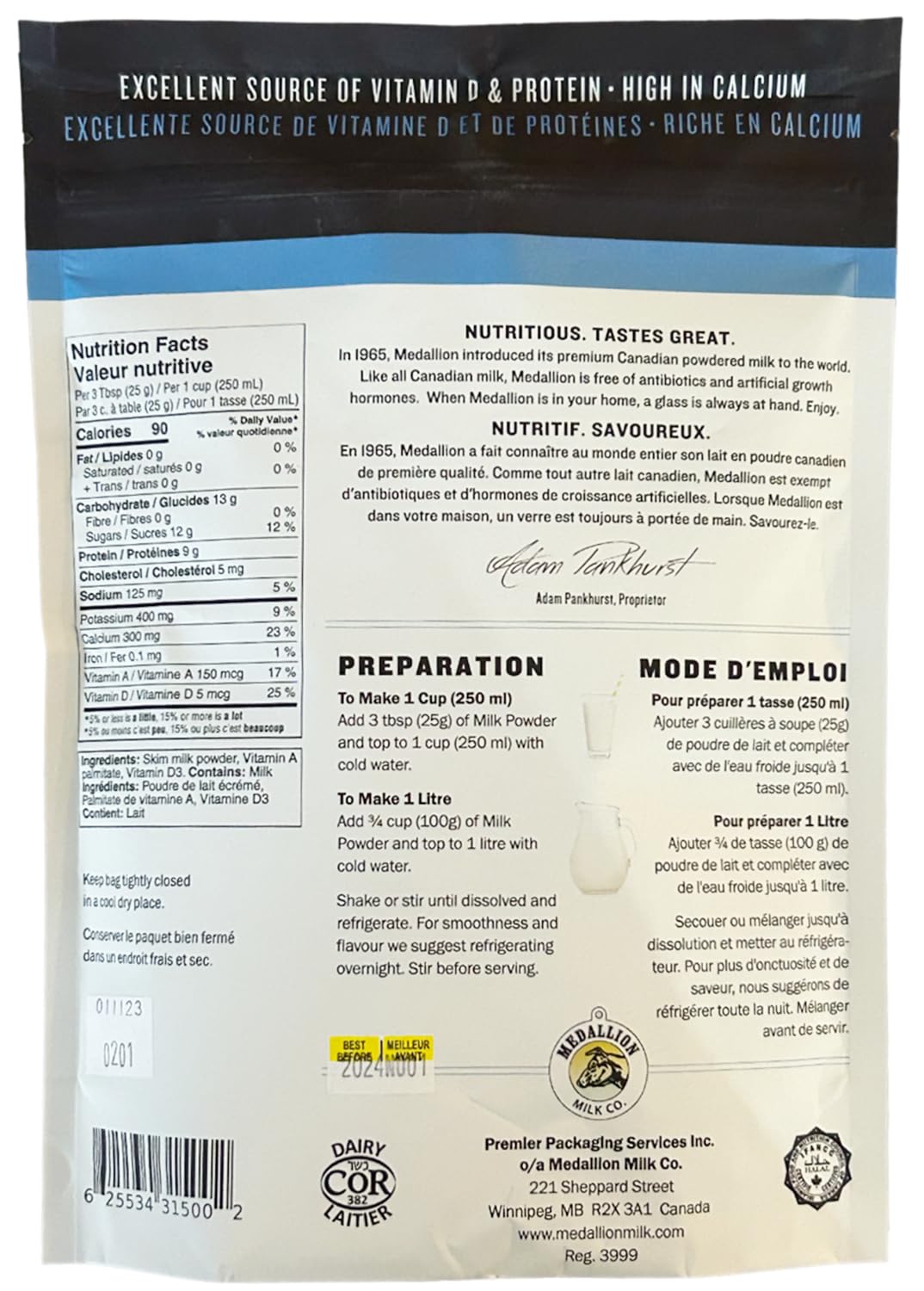 Premium Medallion Brand Skim Milk Powder 500g (2-Pack) - 100% Canadian Dried Milk, Antibiotic-Free, No rbST or rBGH - Perfect for Baking, Coffee Creamer & Emergency Food Storage