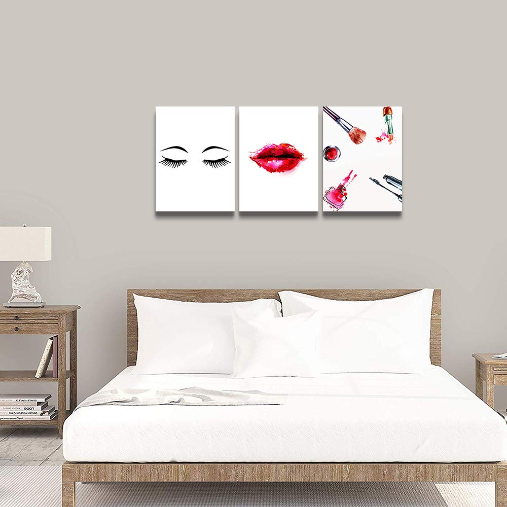 Modern Canvas Wall Art Set of 3 - Lips Makeup Painting for Girls Room, Bedroom, Bathroom & Living Room Decor | Framed Office Wall Decorations | Home Decor Wall Pictures for Kitchen & Housewarming Gifts