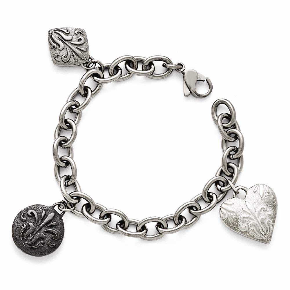 Roy Rose Jewelry Titanium & Sterling Silver Black Polished Etched Charm Bracelet - 8 Inch Adjustable Length for Women, Gift for Her - Perfect for Everyday Wear, Special Occasions & Fashion Accessories