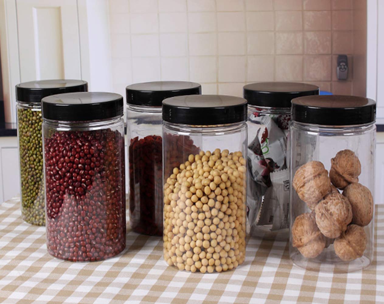 Lawei 8 Pack 34 oz Clear Plastic Jars with Black Lids - Airtight Food Storage Containers for Kitchen Pantry Organization, Perfect for Storing Dry Goods, Nuts, Cookies, Spices, Coffee & More - Ideal for Home, Office & Meal Prep