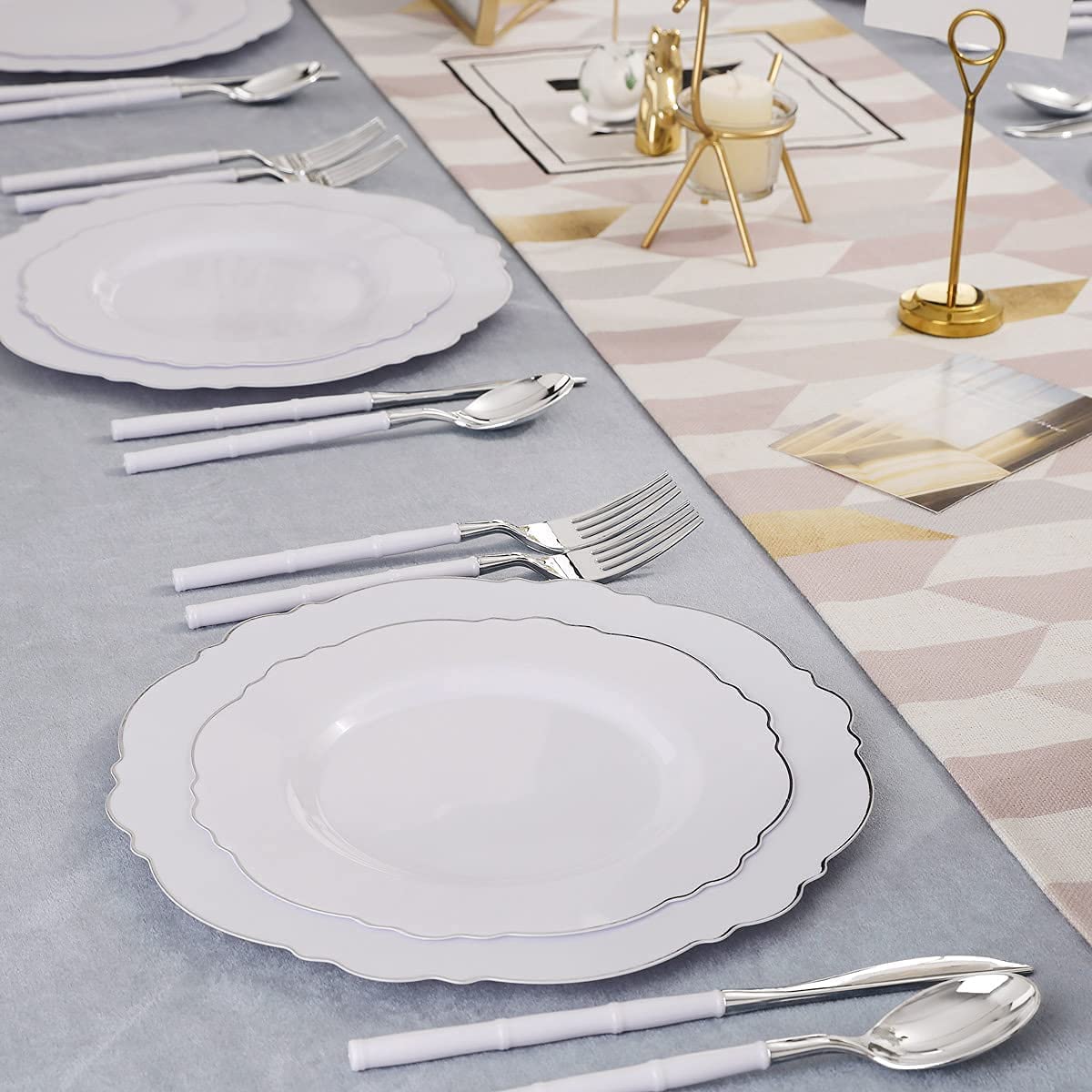 180-Piece Silver Plastic Cutlery Set - 100 Silver Plastic Plates - Elegant Baroque White Design for Parties, Weddings & Events