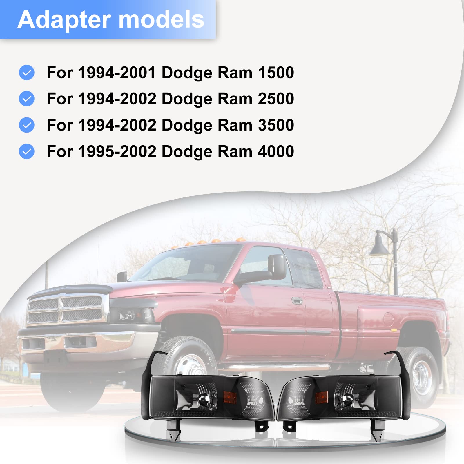 ROXX Projector Headlights Assembly for 1994-2001 Dodge Ram 1500, 1994-2002 Dodge Ram 2500/3500, 1995-2002 Dodge Ram 4000 - Direct Replacement Headlamps with Dual Beam, Turn Signal & Amber Reflector - Perfect for Off-Roading, Night Driving & Truck Customization