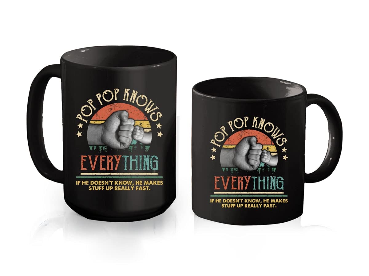 Vintage Pop Pop Knows Everything Coffee Mug - 11oz Ceramic Cup for Men, Birthday, Father's Day, Grandpa Gift (Black) - Perfect for Coffee, Tea & Hot Drinks at Home or Office