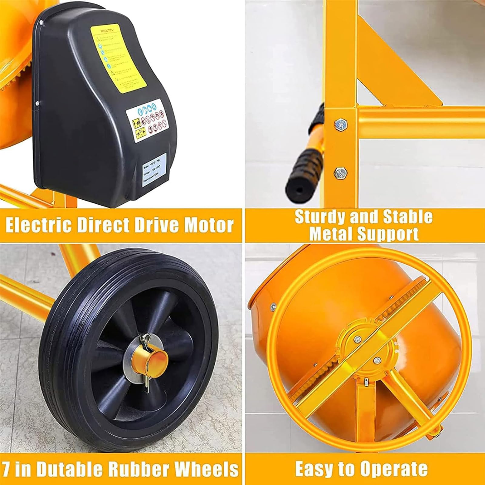 4.2 Cu Ft Electric Cement Mixer - 1/2 HP Heavy Duty Portable Concrete Mixer with 550W Motor & 7-Inch Wheels - Power Mixing Tool for Mortar, Stucco, Seeds, Feed - Ideal for Construction, DIY Projects, Farm & Garden Work (Yellow, 120L)