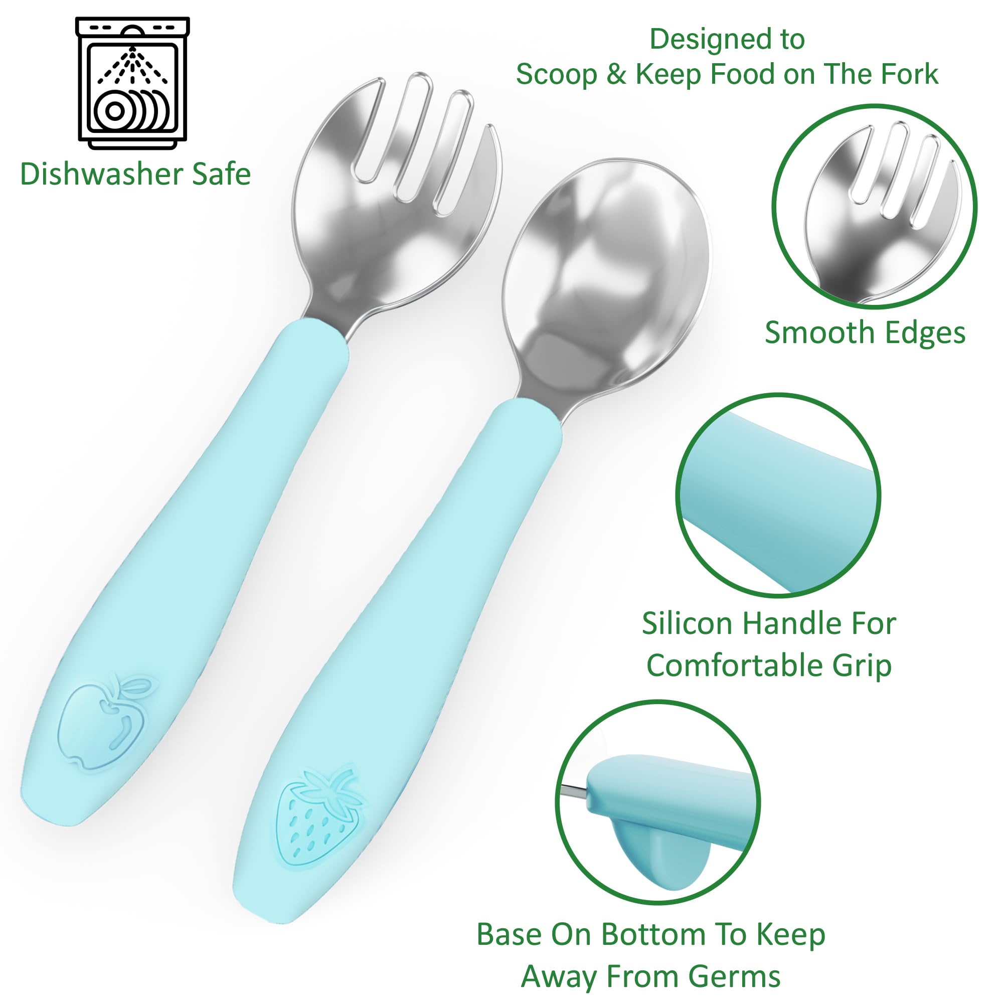 CHILLOUT LIFE Toddler Utensil Set - BPA Free Stainless Steel Baby Forks & Spoons with Soft Silicone Handle - Safe Self Feeding Cutlery for Kids - Dishwasher Safe - Perfect for Home, Travel & Daycare Use