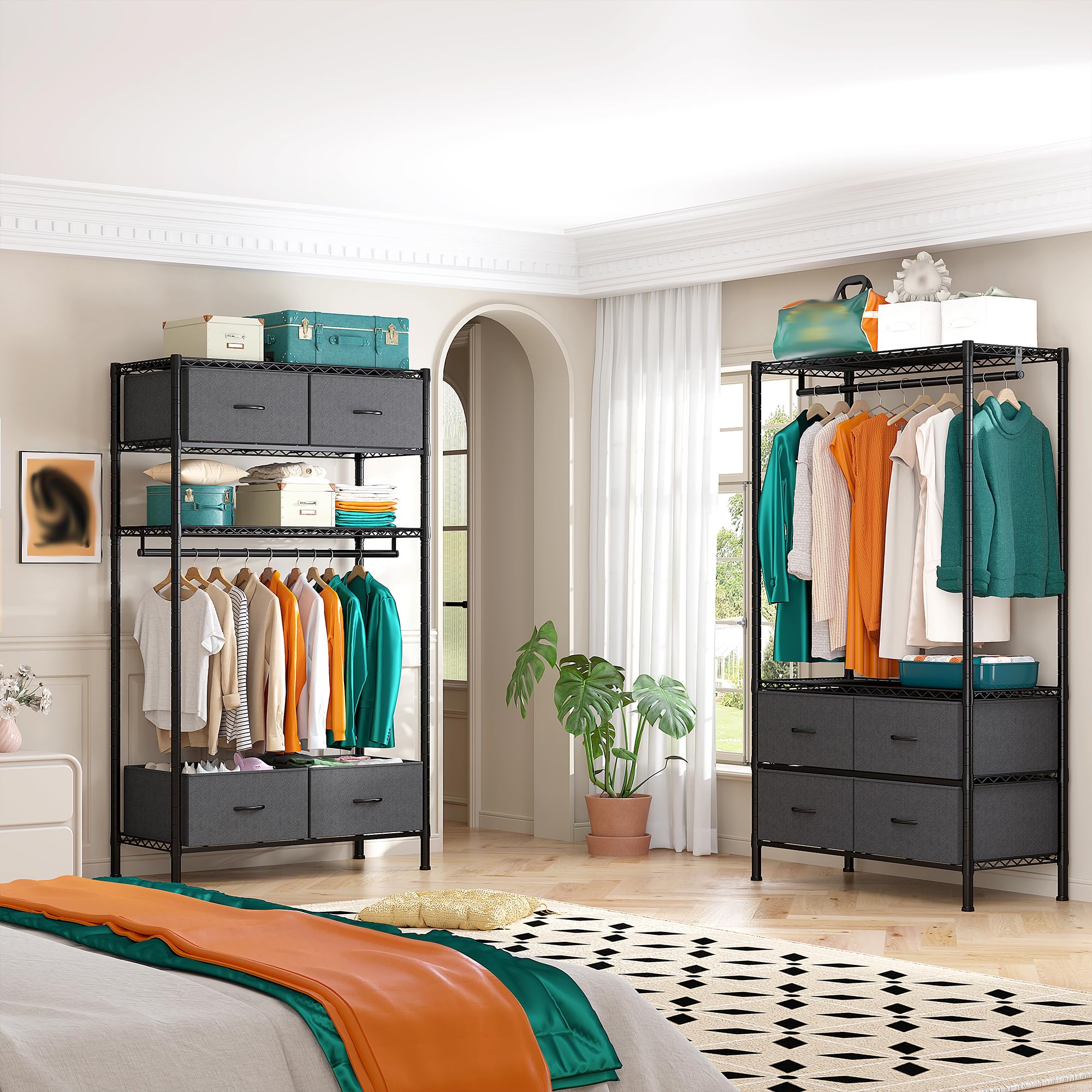 Raybee Heavy Duty Clothes Rack with 4 Drawers & Shelves - Sturdy Portable Closet Organizer for Hanging Clothes - Durable Black Garment Rack for Bedroom, Closet, Laundry Room or Dorm Organization