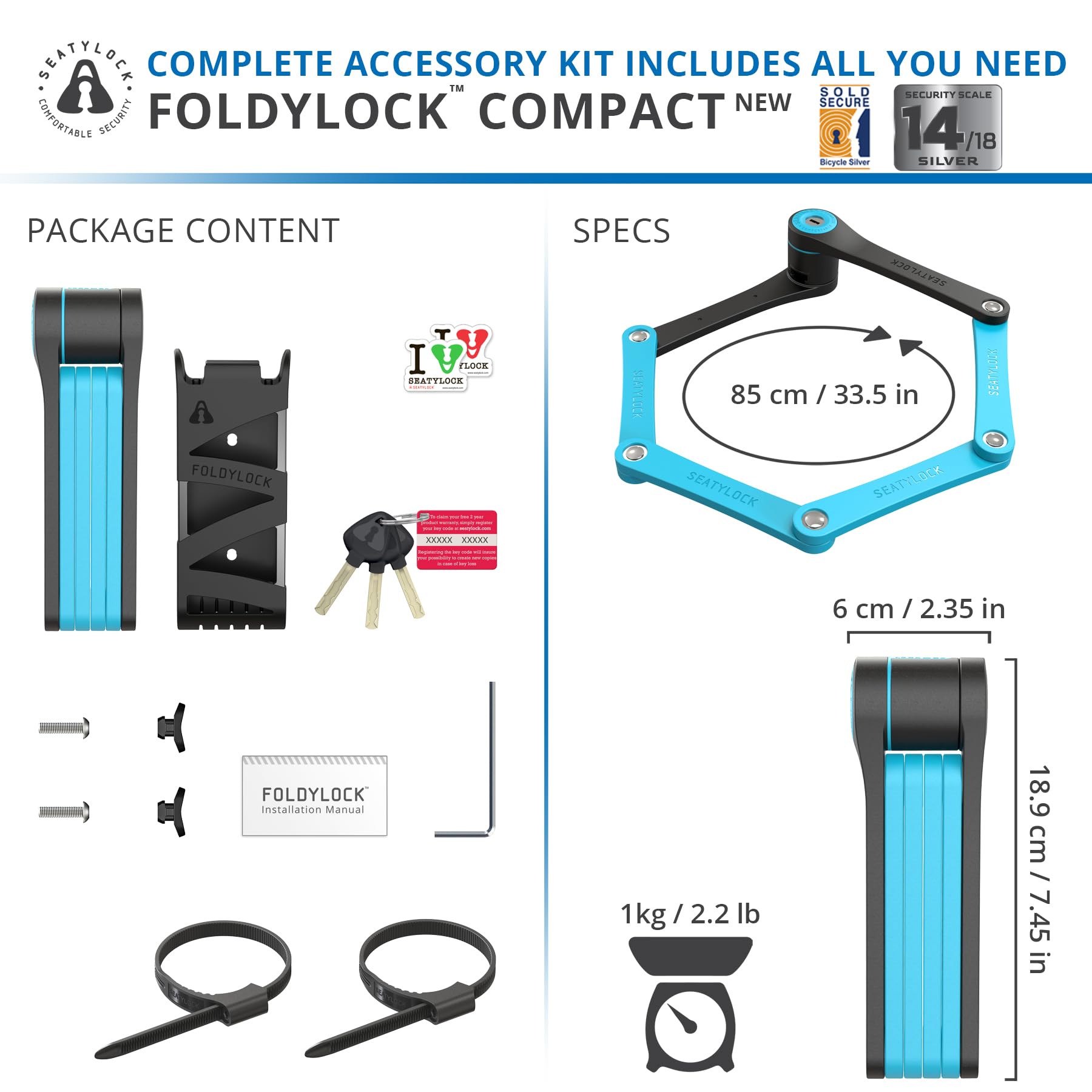 Seatylock FoldyLock Compact Folding Bike Lock - Lightweight High Security Bicycle Lock with Keys & Case - Heavy Duty Anti-Theft Protection for Bikes, Scooters & E-Bikes - Perfect for Urban Commuting, Campus Security & Outdoor Adventures