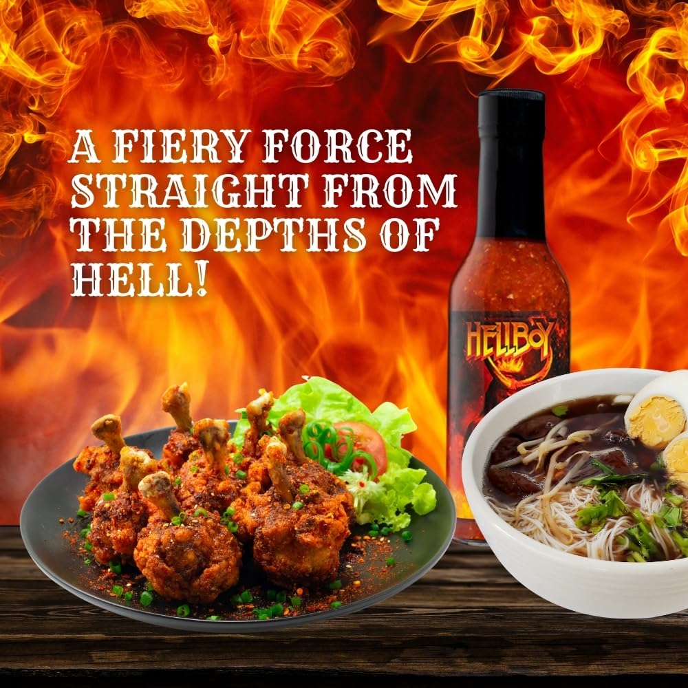 HELLBOY ANUNG UN RAMA Hot Sauce - Officially Licensed 2019 Movie Hot Sauce with Bhut Jolokia & Trinidad Scorpion Peppers | Spicy Gift for Movie Fans, Hot Sauce Lovers & BBQ Enthusiasts | Perfect for Wings, Tacos, Burgers & Hellboy Movie Nights