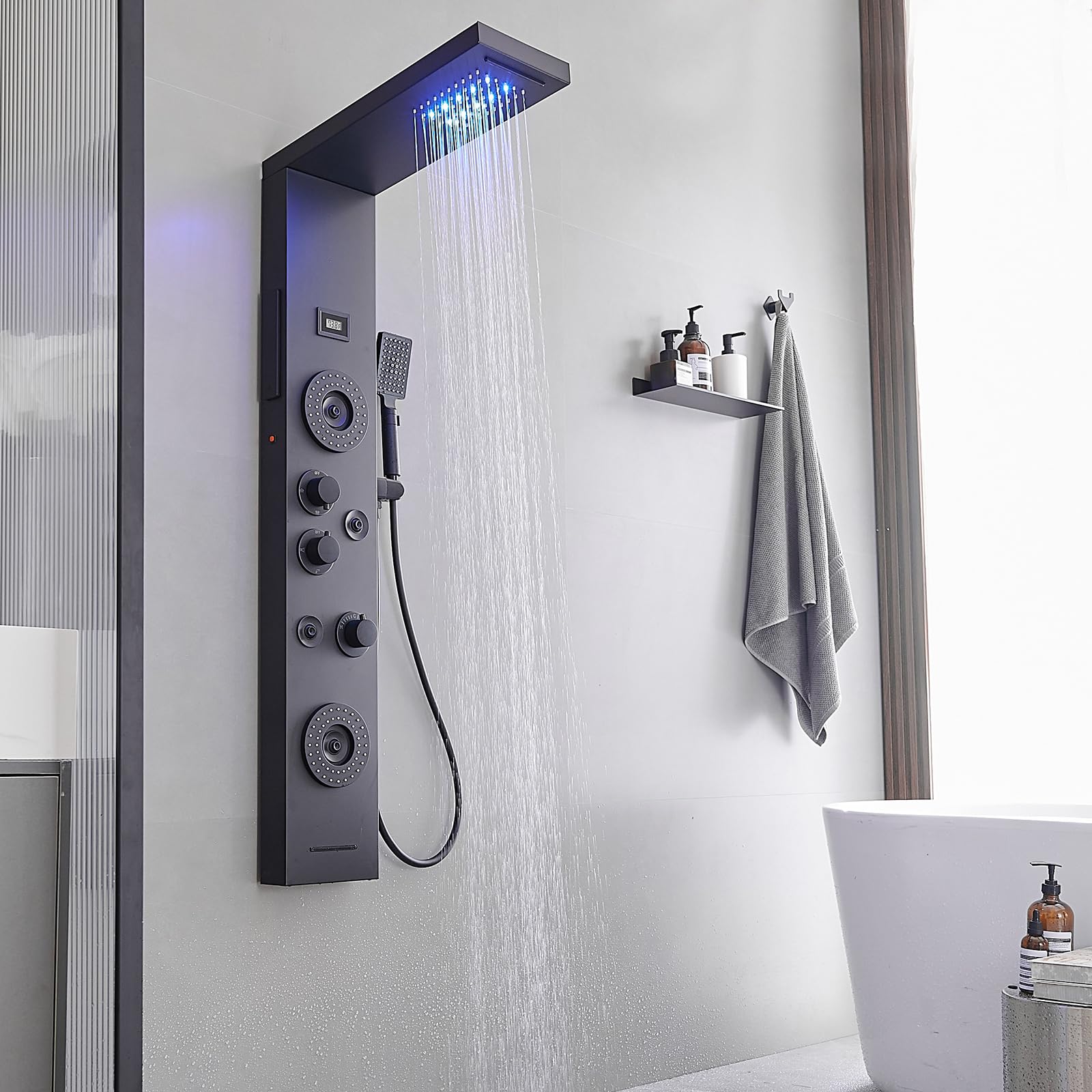 LED Rainfall Shower Panel System - 6 Function Wall Mounted Shower Tower with Handheld Spray, Body Jets & Temperature Display | Perfect for Spa-Like Bathroom Experience, Luxury Home Renovation & Relaxing Water Massage