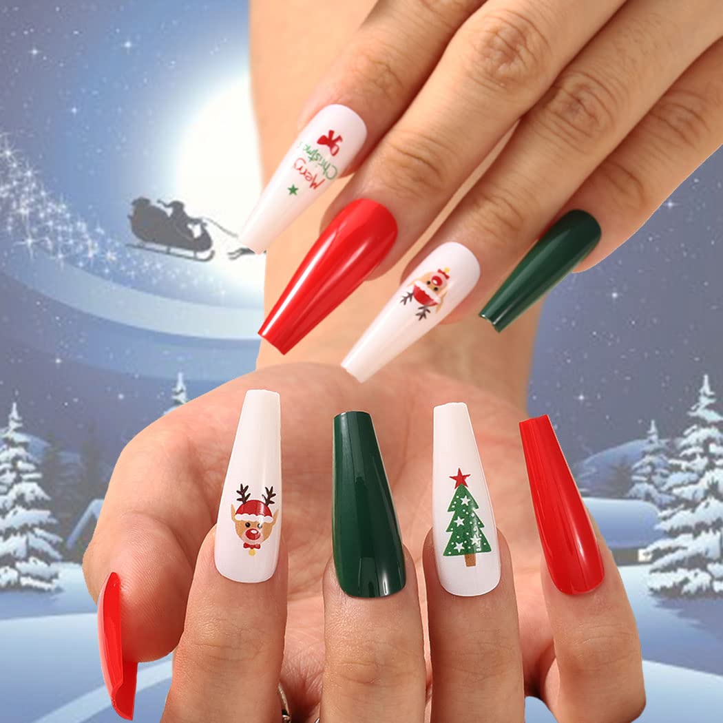 Extra Long Press on Nails - Snowflake Red Christmas Fake Nails with Elk Ballerina Glossy Finish | Full Cover False Nails Santa Claus Acrylic Tips for Women & Girls (30 PCS, Pattern-A) | Perfect for Holiday Parties, Gift Giving & Festive Nail Art