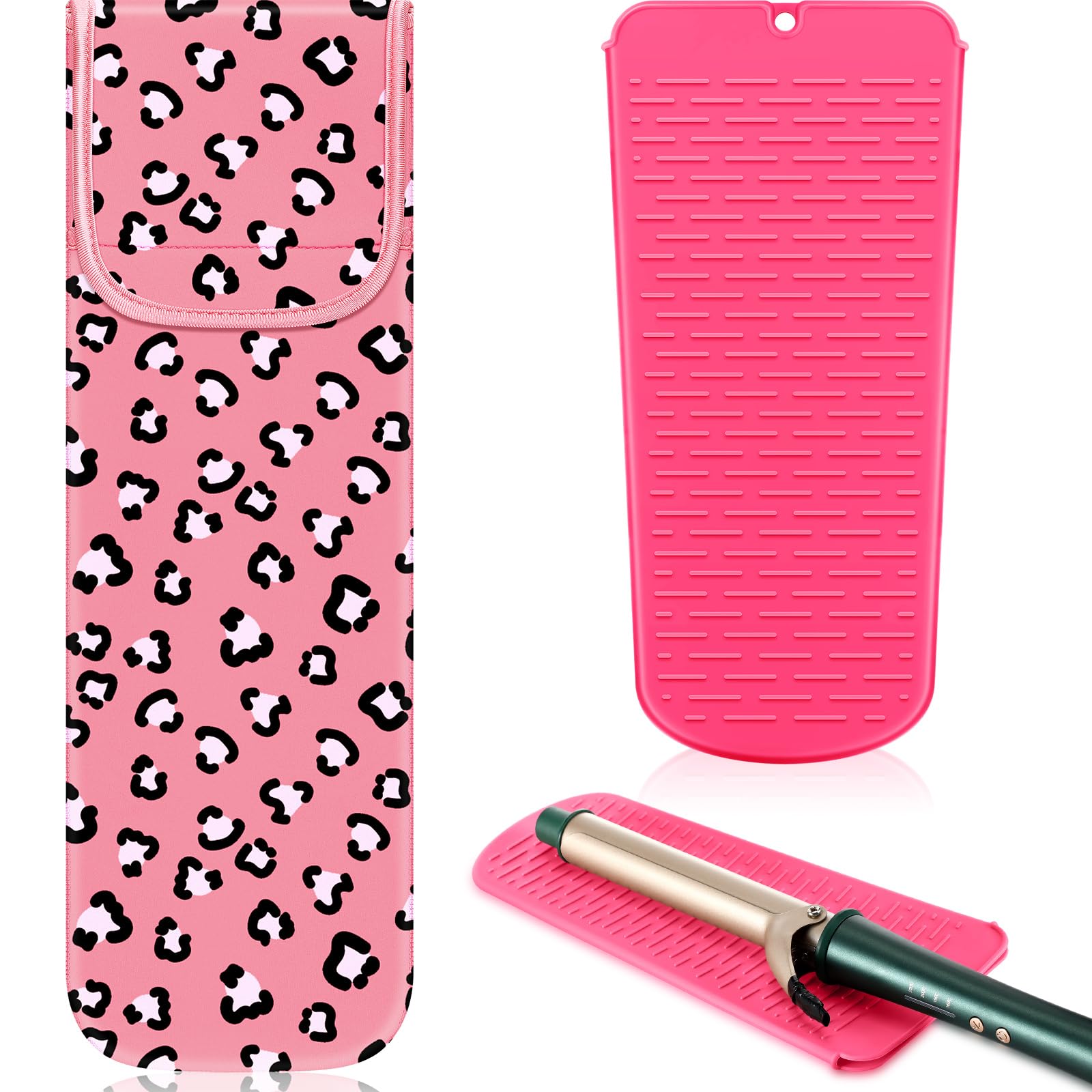 Shappy 2-Piece Heat Resistant Curling Iron Travel Case & Flat Iron Holder - Neoprene Straightener Sleeve with Silicone Hot Tools Bag (Leopard Print) - Perfect for Salon Professionals, Travel & Home Styling