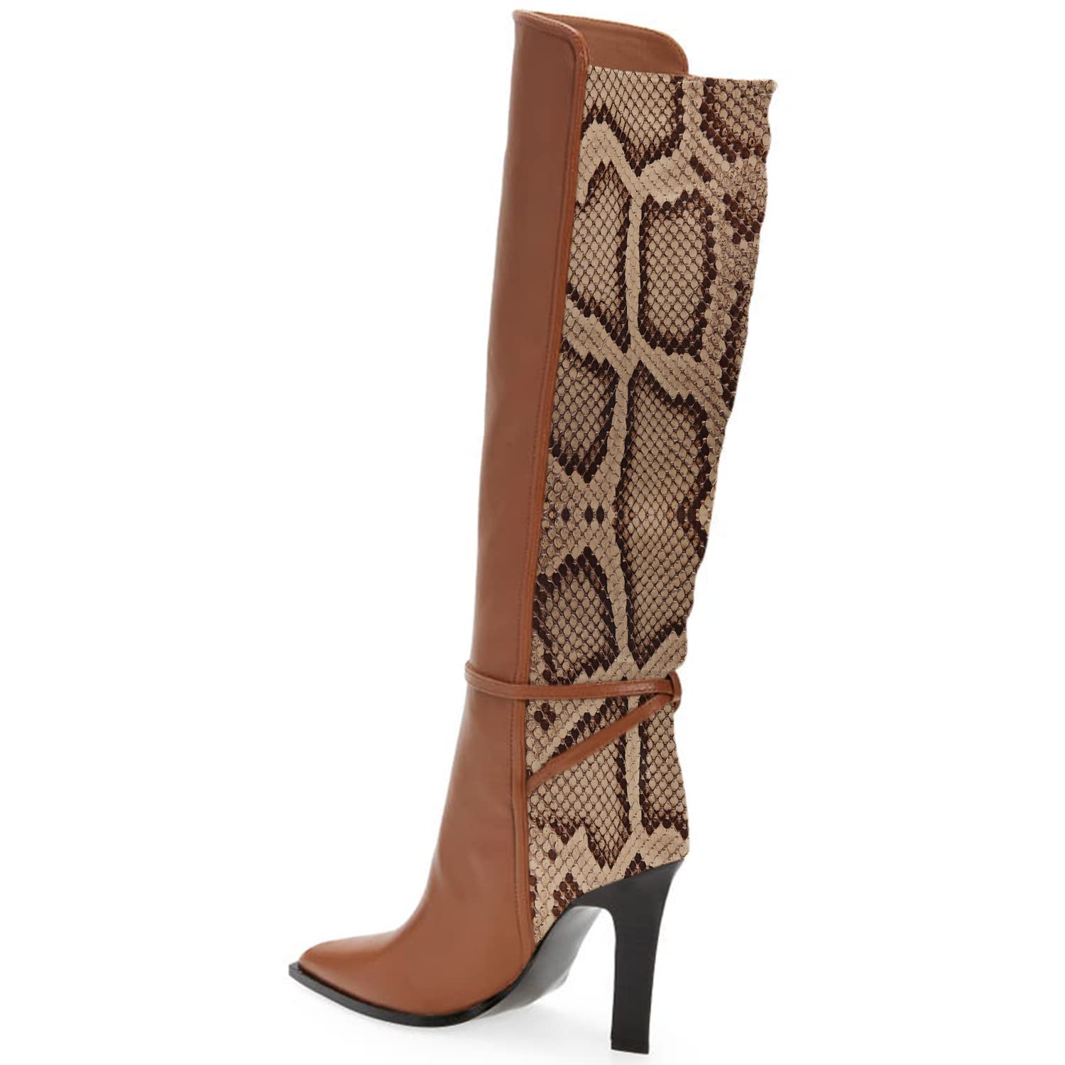 Stylish Women's Brown Two-Tone Snakeskin Over-The-Knee Boots with Ankle Strap - Pointed Toe High Heel Dress Boots for Office, Party & Night Out (US Size 4-16, Medium Width) - Perfect for Fall Fashion, Date Nights & Professional Workwear