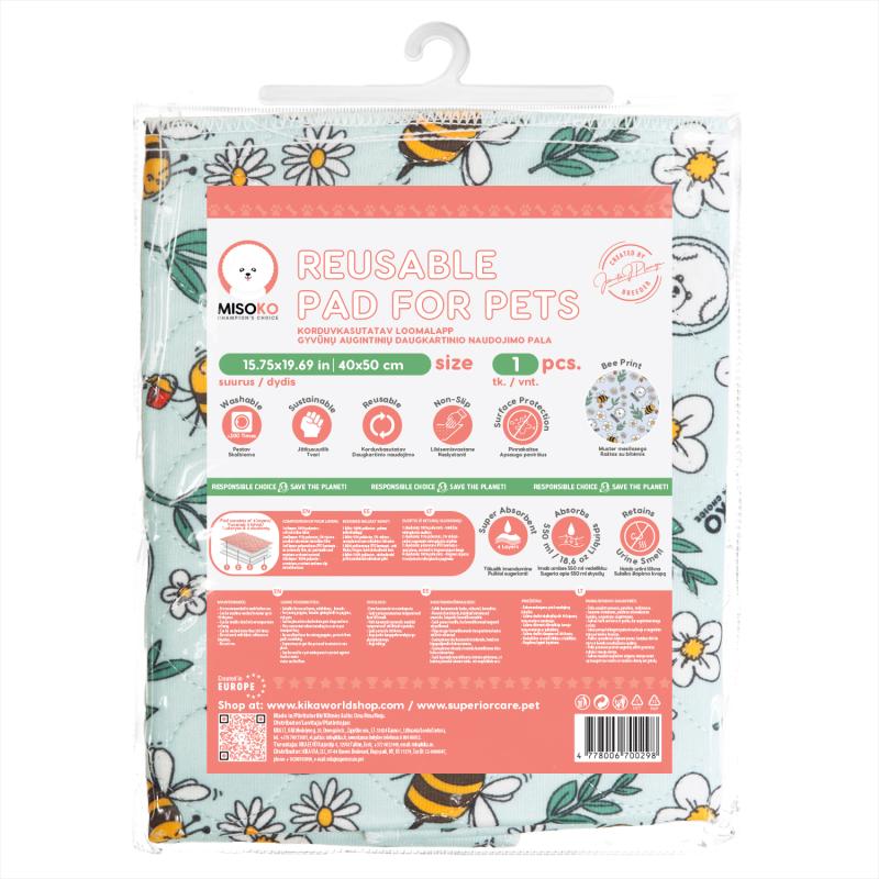 Misoko Reusable Pet Pads - Washable & Absorbent Dog & Cat Pee Pads with Bees Print, Blue Color, 1 Pack - Perfect for Puppy Training, Crate Lining & Travel Use