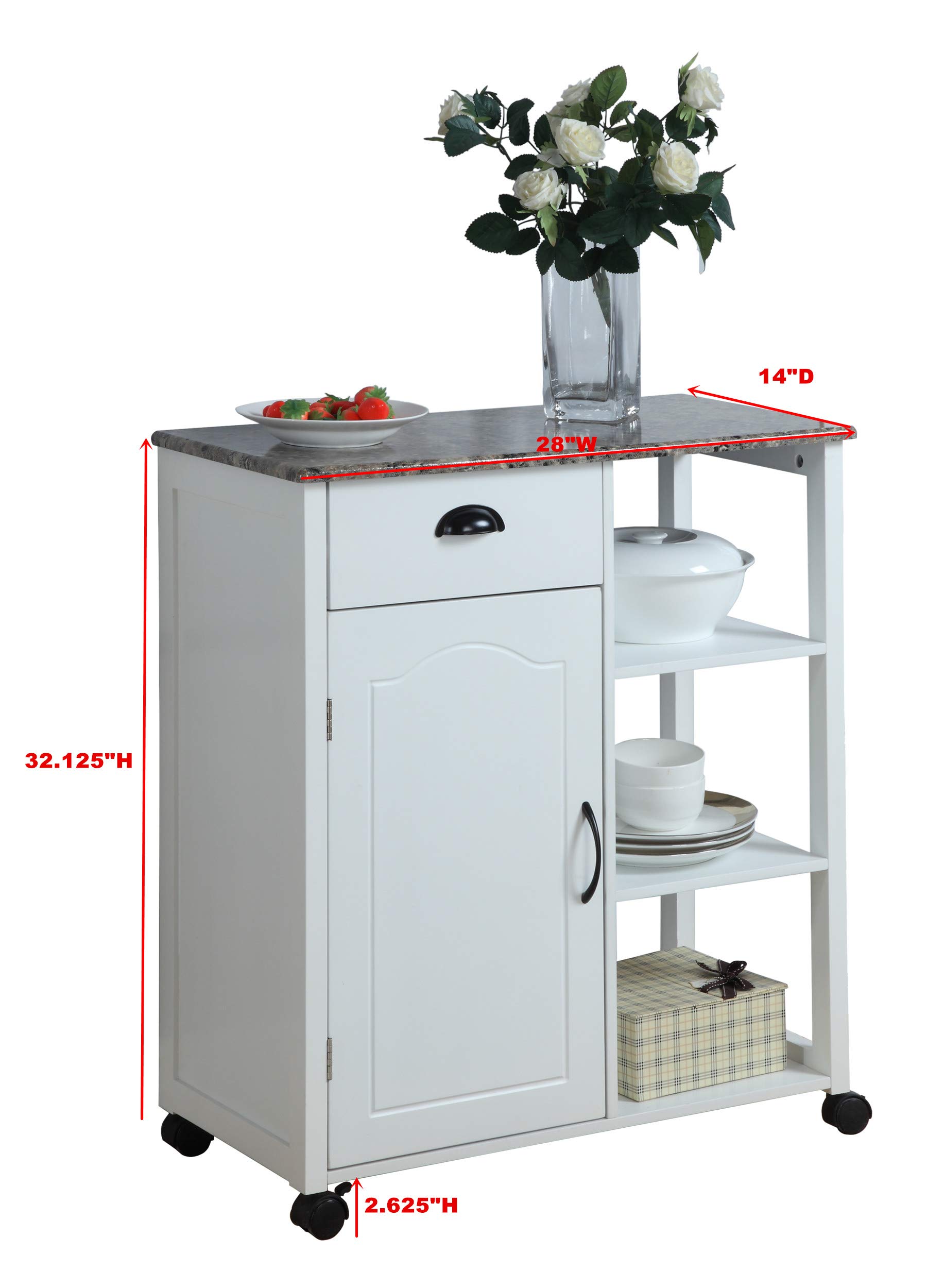 King's Brand White Finish Wood & Marble Vinyl Top Kitchen Storage Cabinet Cart - Perfect for Small Spaces, Pantry Organization & Dining Room Storage