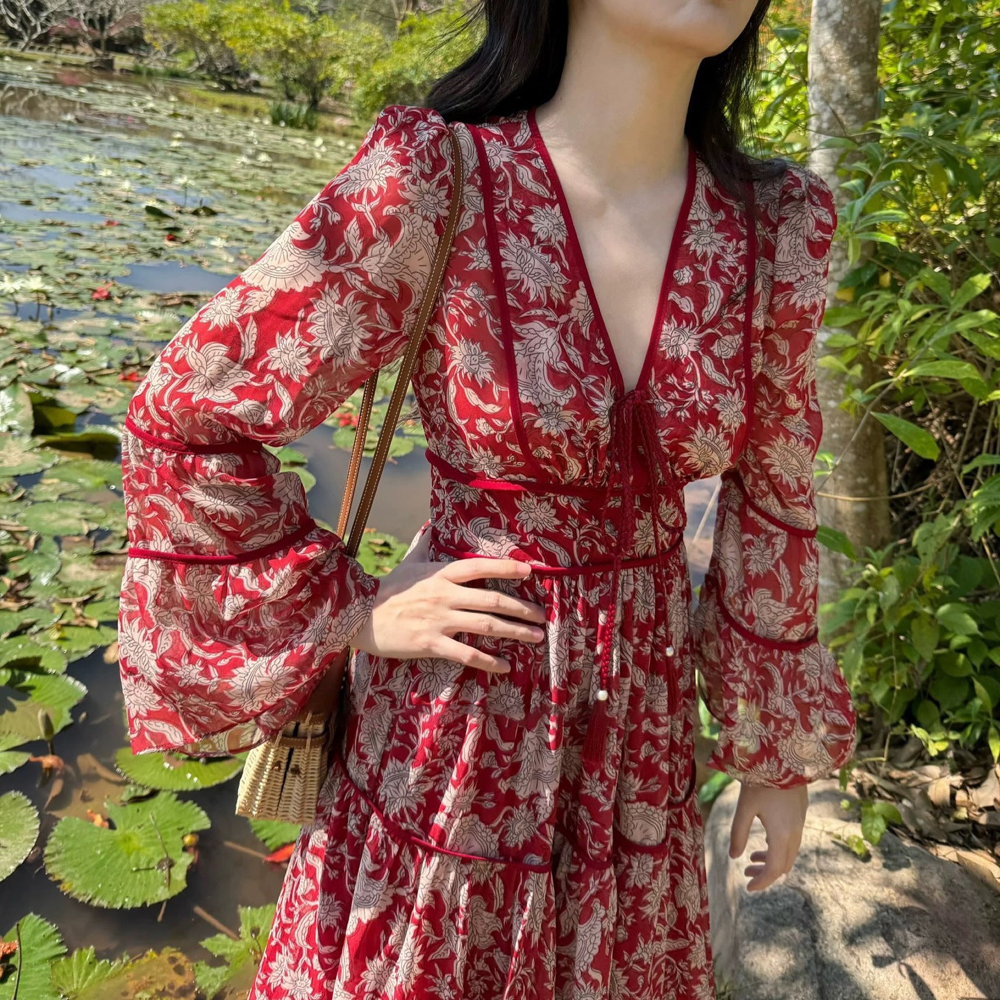 2025 Ethnic Style Red Printed Dress with Niche Waist - A-Line Long Skirt for Women | Boho Chic Fashion, Party Wear & Special Occasions