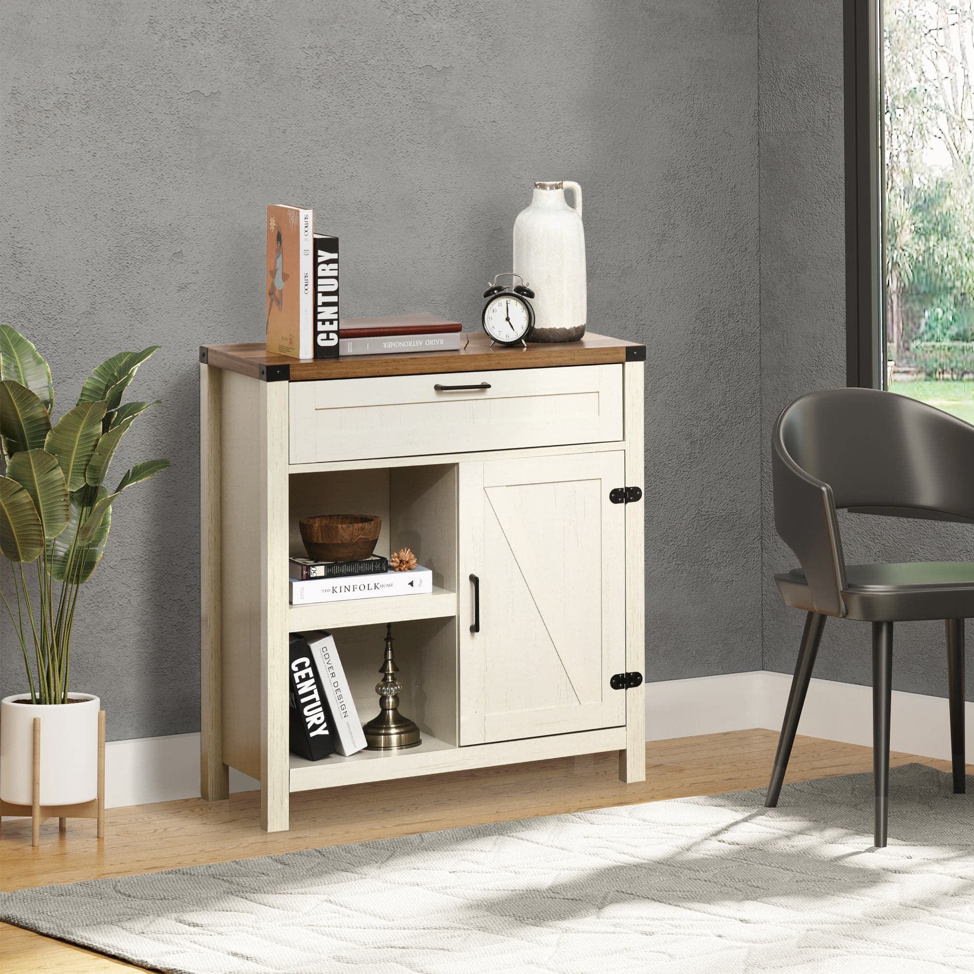 HOMCOM Farmhouse Sideboard Buffet Cabinet with Rustic Barn Doors - White Distressed Wood Kitchen Storage Cabinet for Dining Room, Living Room & Entryway - Perfect for Home Decor & Organizing Dishes, Linens & More