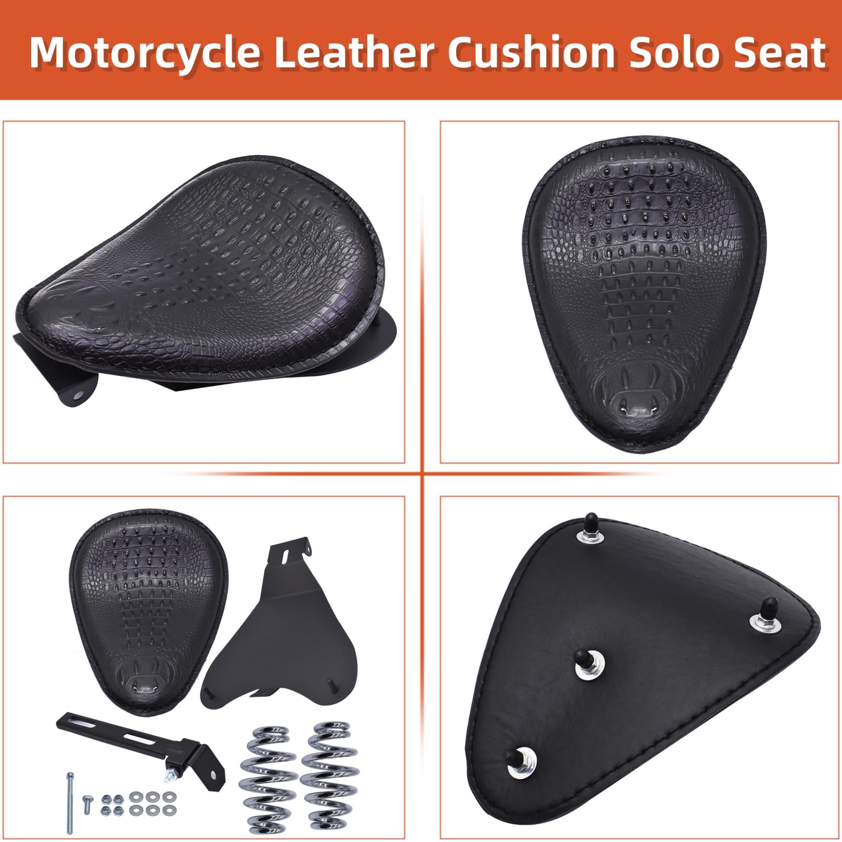 Premium Crocodile Style Leather Motorcycle Solo Seat with Cushion & Spring Base Plate - Replacement for Harley Chopper, Bobber, Dyna, Sportster XL & Shadow - Perfect for Long Rides & Custom Bike Builds