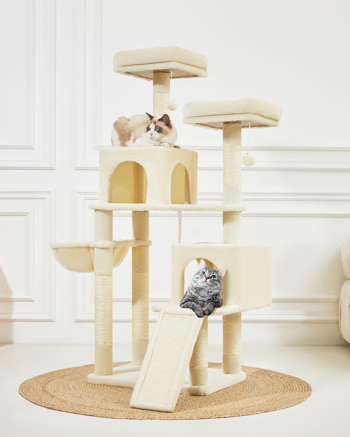 56.3-Inch Cat Tree with Scratching Posts & Hammocks - Multi-Level Cat Tower for Indoor Cats Featuring Toys, Condo & Large Scratch Board - Beige MS012M - Perfect for Small Spaces & Playful Kittens