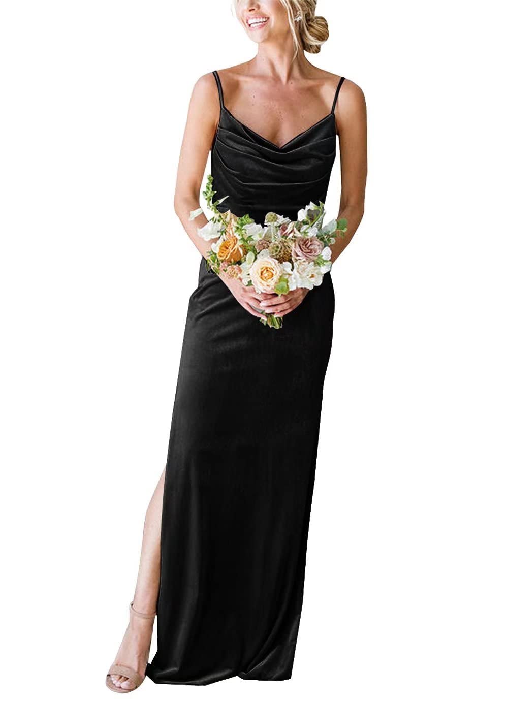 NABN Women's Velvet Long Bridesmaid Dress for Wedding Guest, Formal Prom Gown with Side Slit NB062 - Perfect for Evening Parties, Cocktail Events & Special Occasions