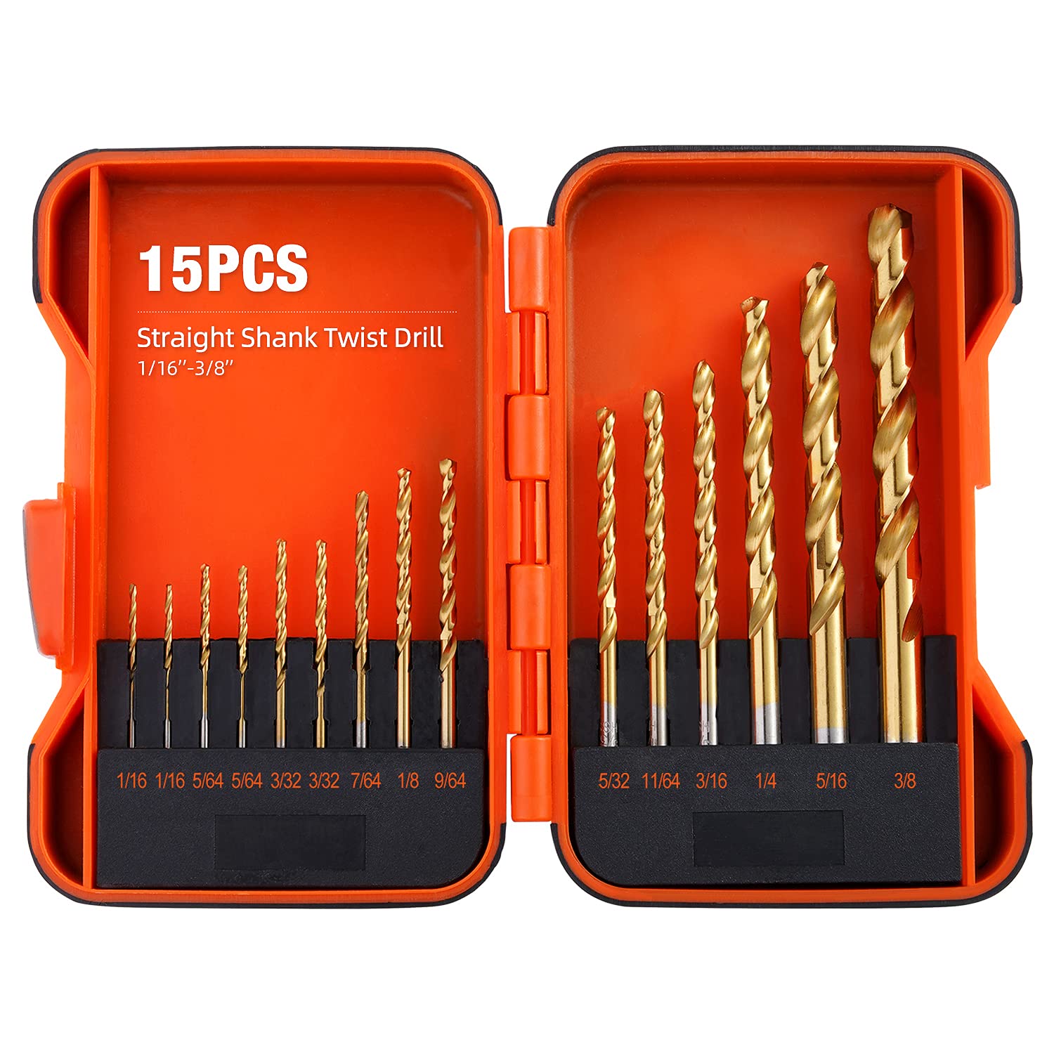 15-Piece Titanium Cobalt Twist Drill Bit Set with Storage Case - High Speed Steel Jobber Drill Bits (1/16