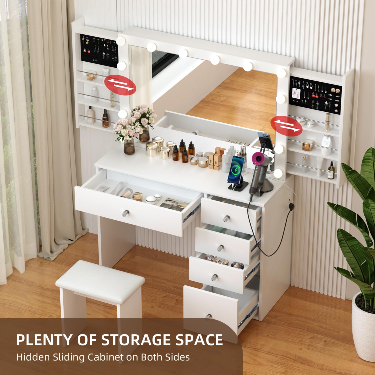 SMOOL Vanity Desk with LED Lights Mirror, Power Outlet & Stool - Adjustable Brightness Makeup Dressing Table with Sliding Drawers, Space Saving Beauty Station for Women & Girls (White) | Perfect for Bedroom, Dorm Room & Home Salon Setup