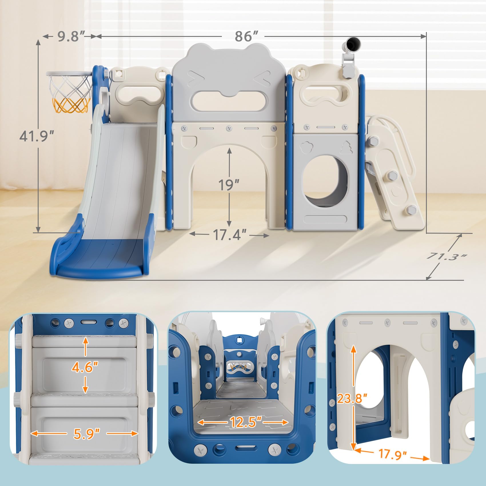 **Babytronic 8-in-1 Toddler Slide Set for Kids Ages 1-3 – Indoor & Outdoor Playground with Basketball Hoop & Telescope – Blue & Gray Baby Slide for Home, Backyard, Daycare & Playroom Fun**