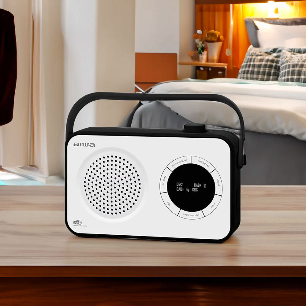 AIWA Portable Digital AM/FM Radio with LCD Display - White | Compact & Lightweight for Travel, Camping, and Emergency Use