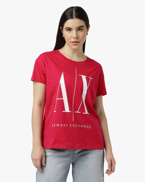 Armani Exchange Women's Red & White Relaxed Fit T-Shirt | Casual Comfort Cotton Tee for Everyday Wear & Outfits