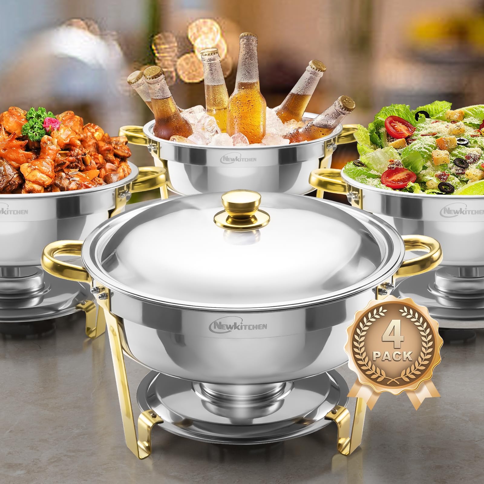 4-Pack 6QT Round Stainless Steel Chafing Dishes for Buffet - Elegant Gold & Silver Serving Set for Catering, Weddings, Parties & Events | Keep Food Warm at Receptions, Banquets & Buffet Lines