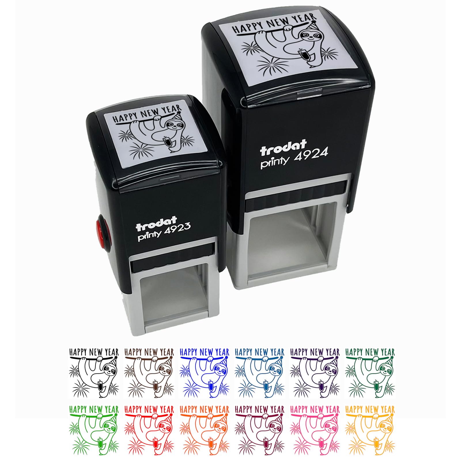 Happy New Year Sloth with Champagne Self-Inking Rubber Stamp - 1 Inch Small Stamp for Cards & Crafts - Blue Ink Stamper for DIY Scrapbooking & Party Invitations