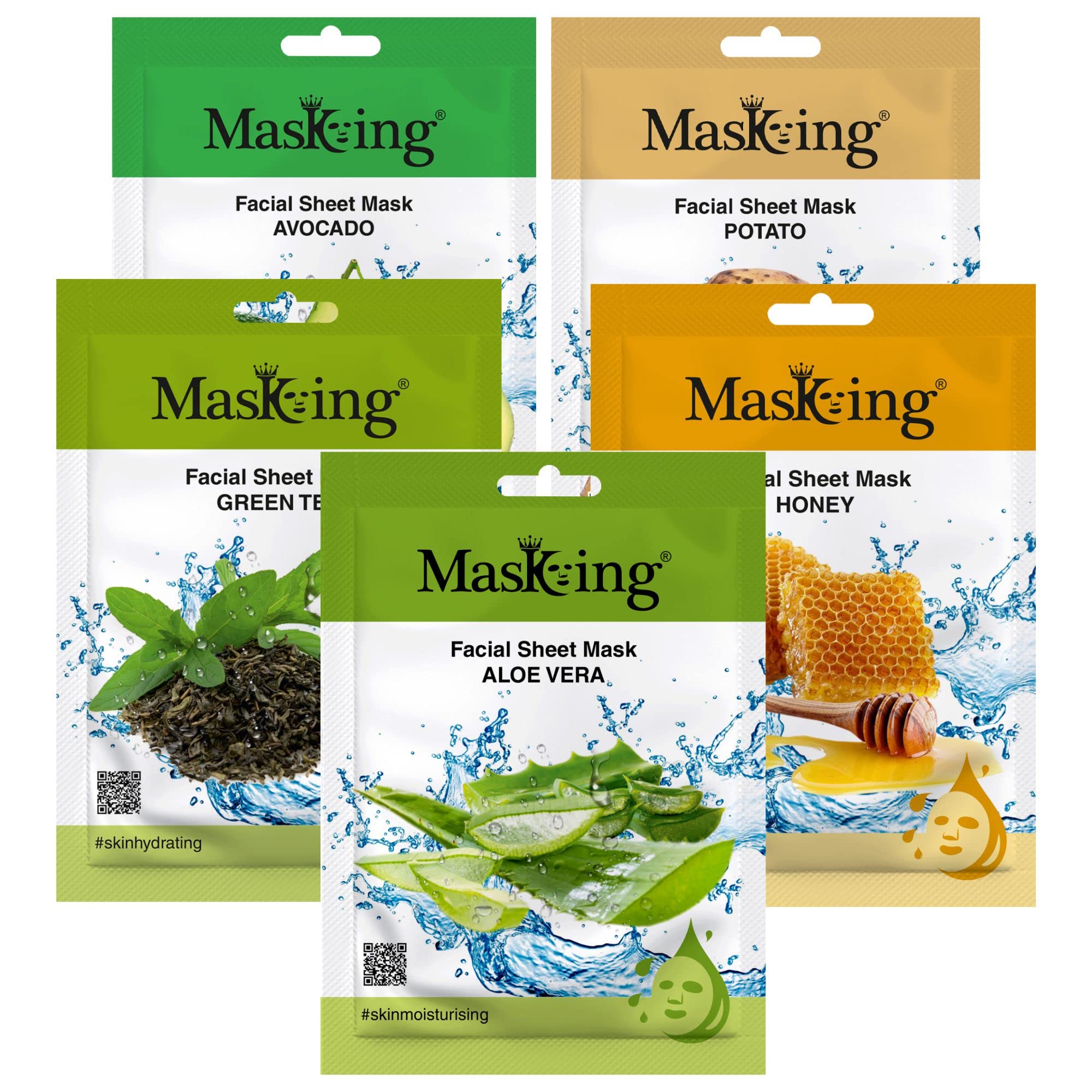MasKing Beauty Facial Sheet Mask Set - Avocado, Potato, Green Tea, Honey & Aloe Vera Extracts for Skin Nourishment, Brightening & Hydration (5-Pack, 100ml) | Daily Skincare Routine for Women & Men